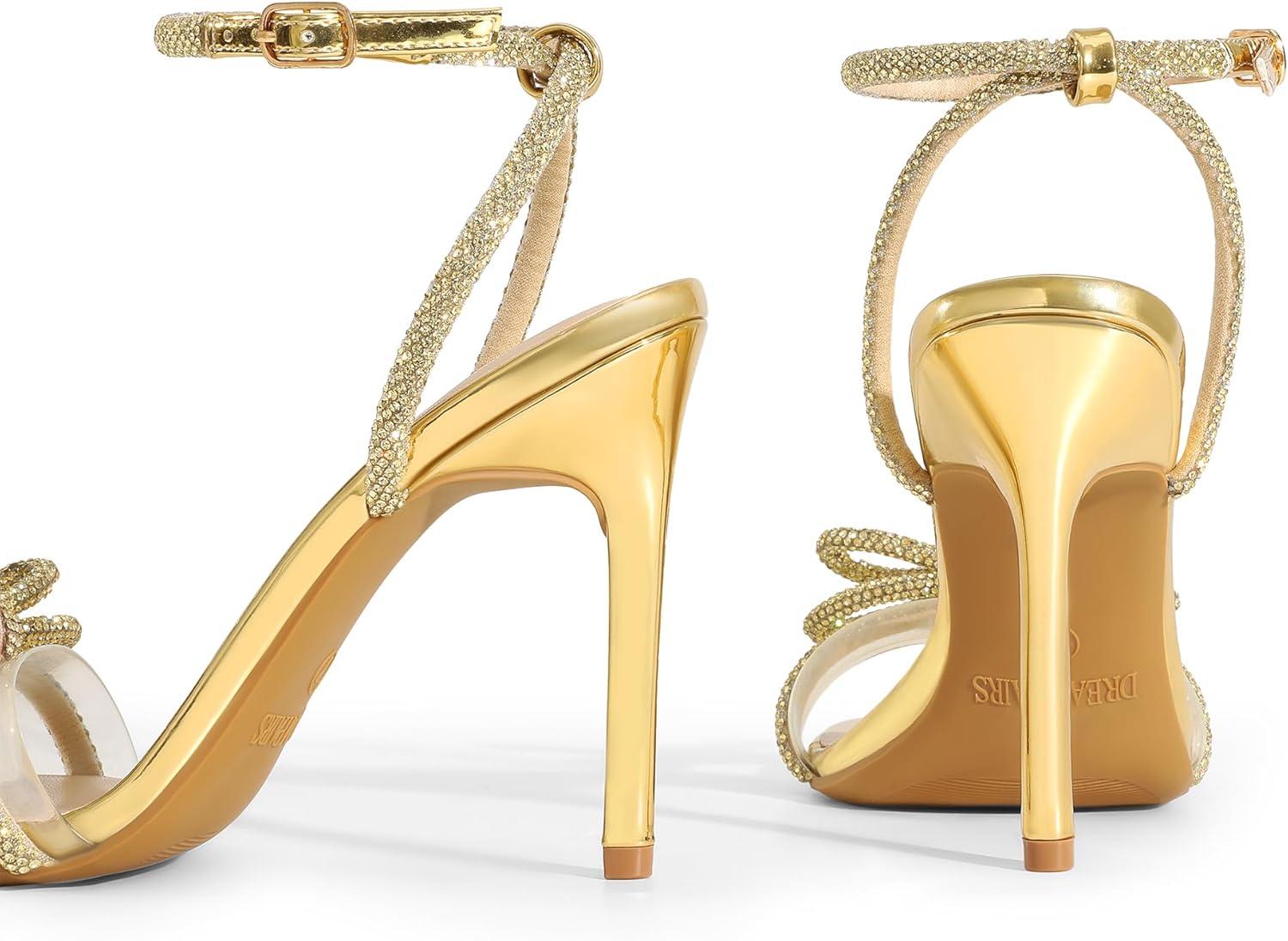 imageDREAM PAIRS Womens Double Bowknots Crystal Sandals Clear Slingback Heels Square Toe Shoes for Party WeddingGoldrhinestone