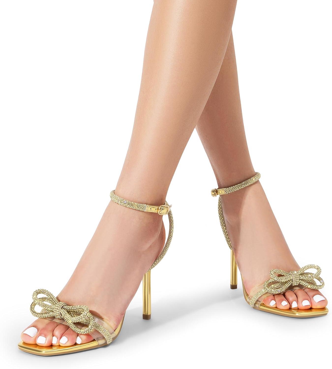 imageDREAM PAIRS Womens Double Bowknots Crystal Sandals Clear Slingback Heels Square Toe Shoes for Party WeddingGoldrhinestone