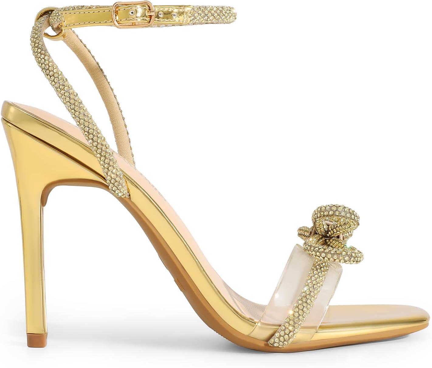 imageDREAM PAIRS Womens Double Bowknots Crystal Sandals Clear Slingback Heels Square Toe Shoes for Party WeddingGoldrhinestone