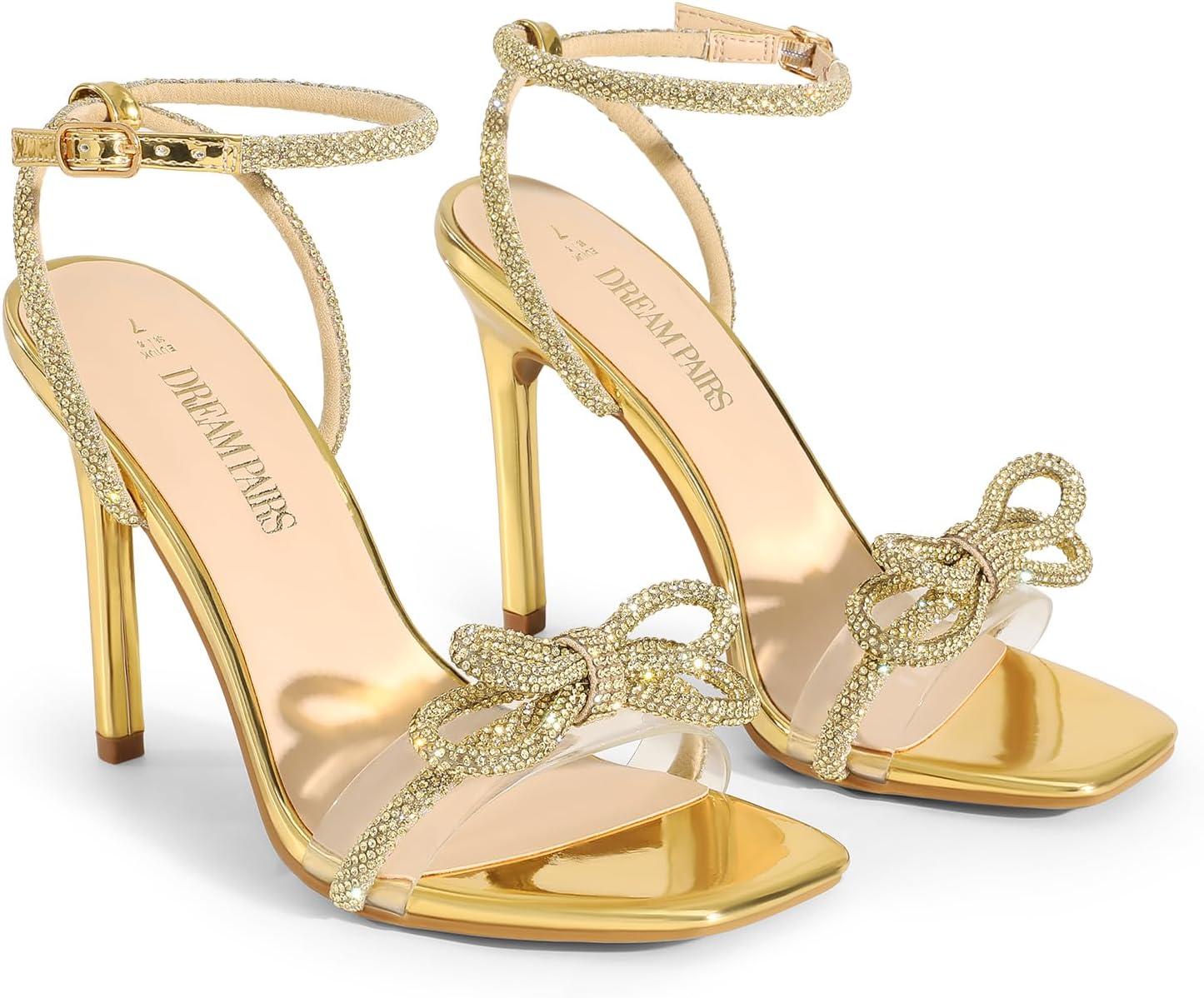 imageDREAM PAIRS Womens Double Bowknots Crystal Sandals Clear Slingback Heels Square Toe Shoes for Party WeddingGoldrhinestone