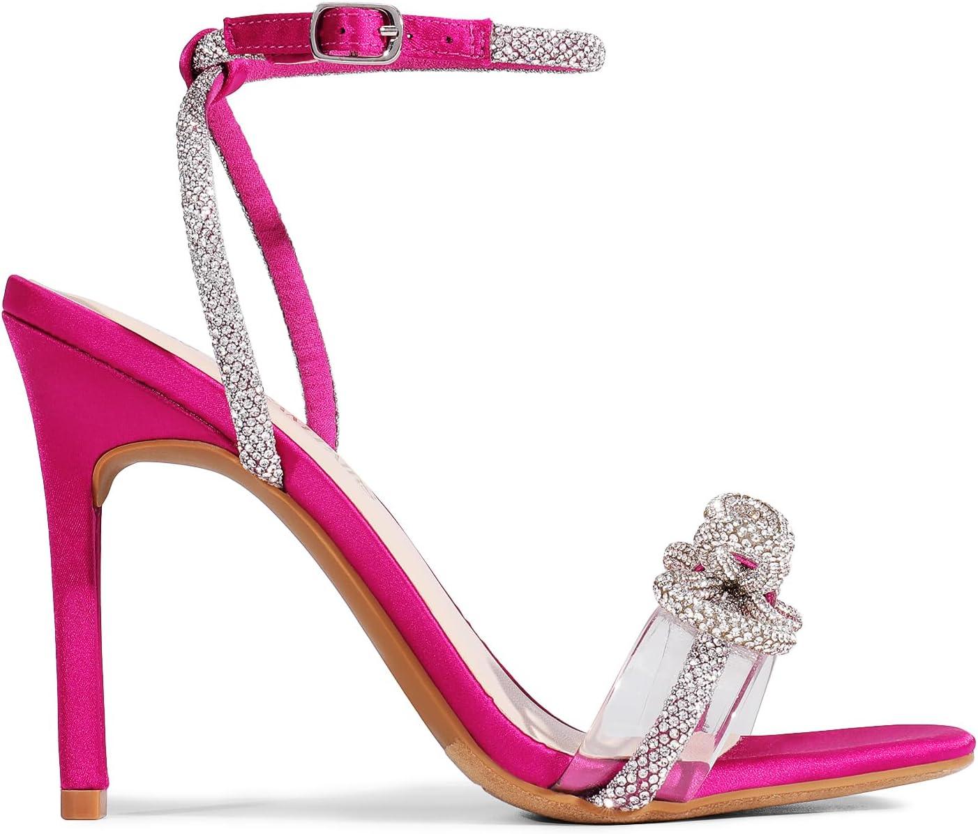 imageDREAM PAIRS Womens Double Bowknots Crystal Sandals Clear Slingback Heels Square Toe Shoes for Party WeddingHot Pinksatin