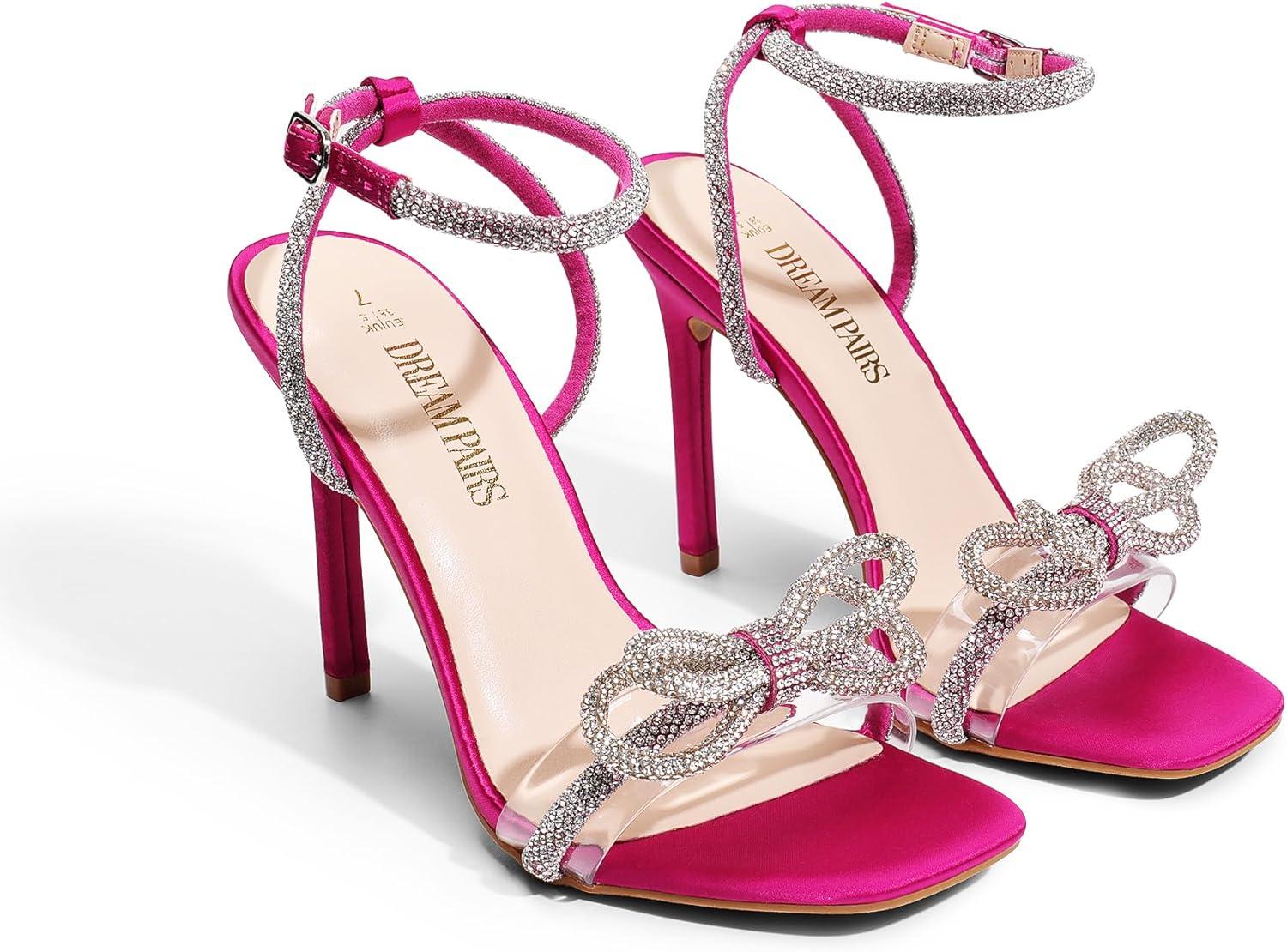 imageDREAM PAIRS Womens Double Bowknots Crystal Sandals Clear Slingback Heels Square Toe Shoes for Party WeddingHot Pinksatin