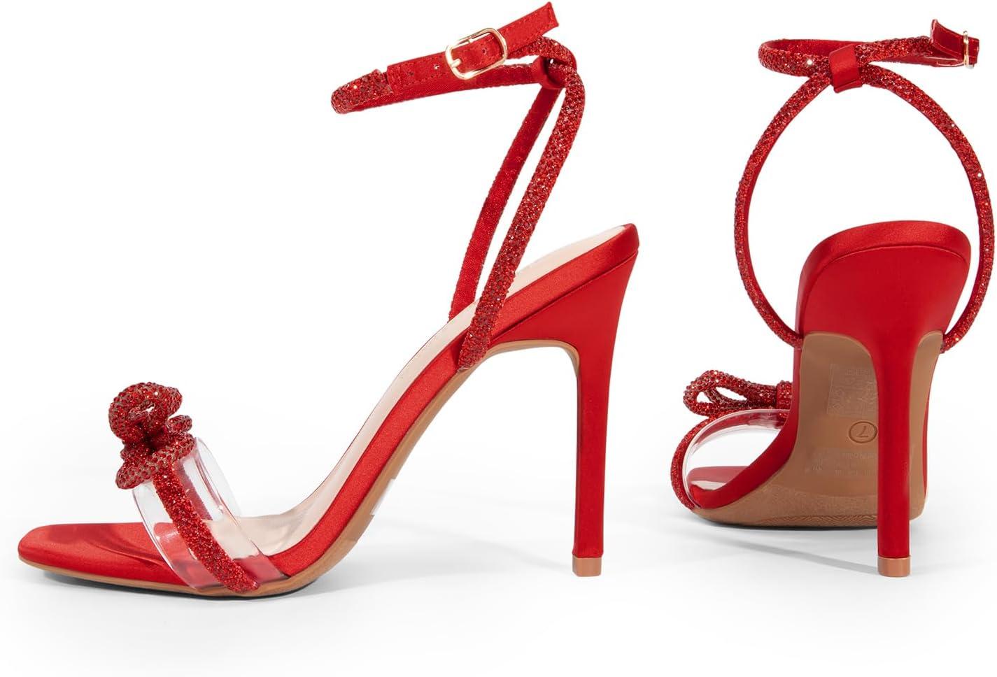 imageDREAM PAIRS Womens Double Bowknots Crystal Sandals Clear Slingback Heels Square Toe Shoes for Party WeddingRedsatin