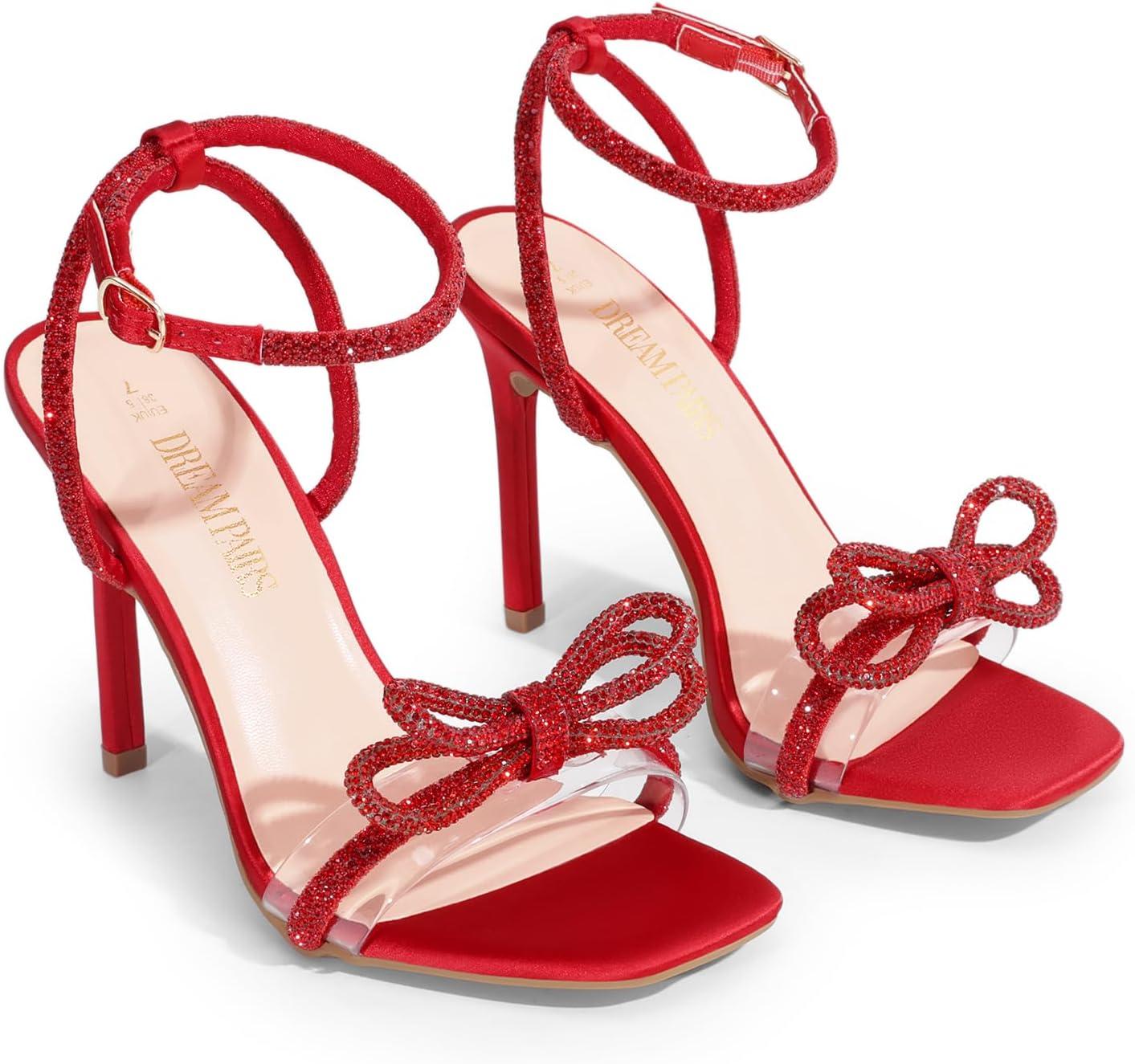 imageDREAM PAIRS Womens Double Bowknots Crystal Sandals Clear Slingback Heels Square Toe Shoes for Party WeddingRedsatin