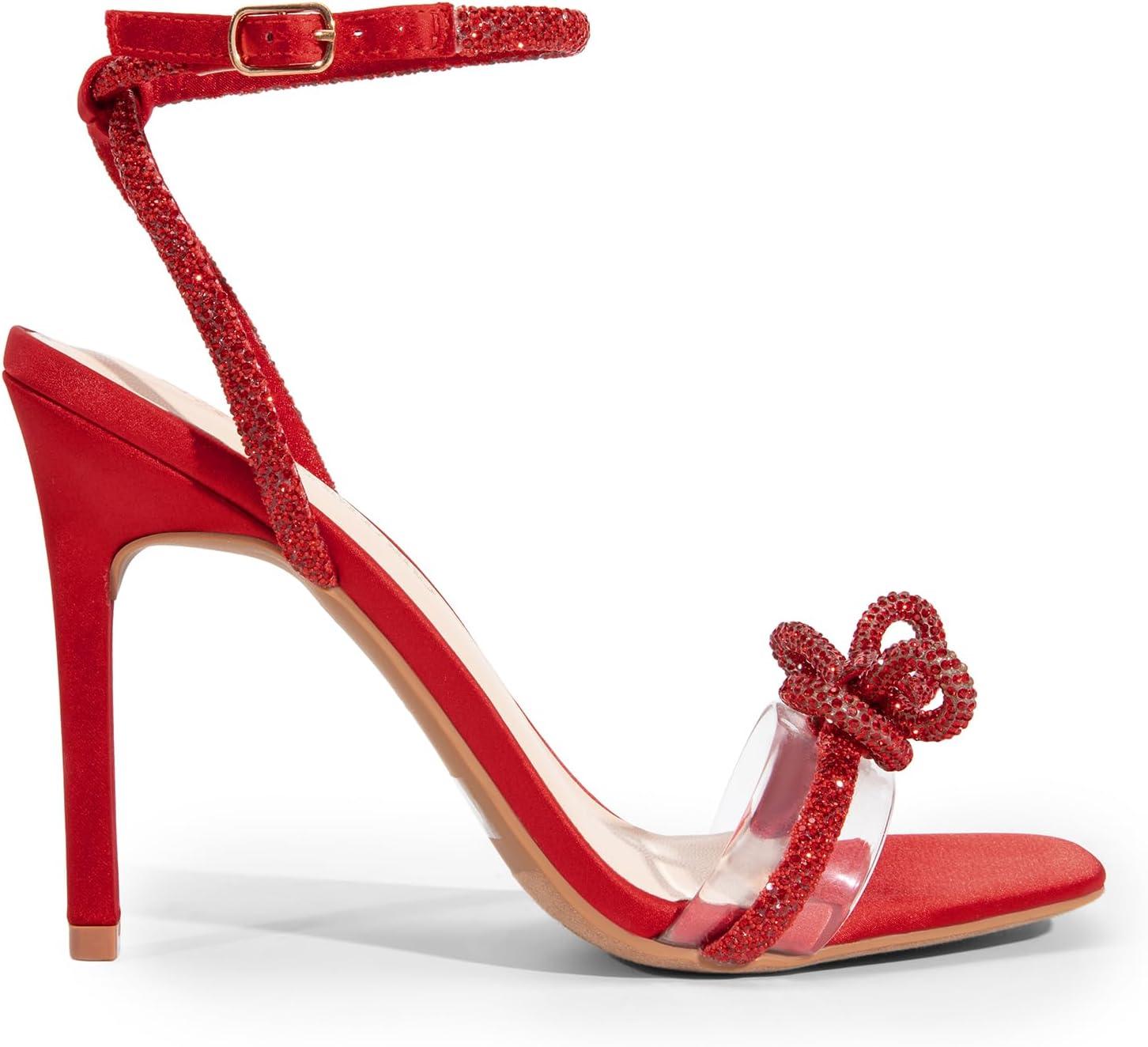 imageDREAM PAIRS Womens Double Bowknots Crystal Sandals Clear Slingback Heels Square Toe Shoes for Party WeddingRedsatin