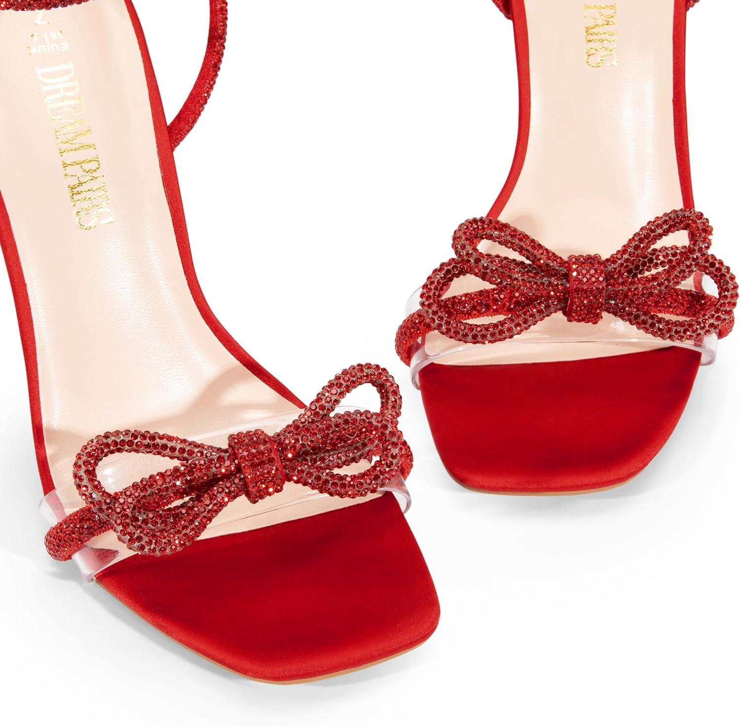 imageDREAM PAIRS Womens Double Bowknots Crystal Sandals Clear Slingback Heels Square Toe Shoes for Party WeddingRedsatin