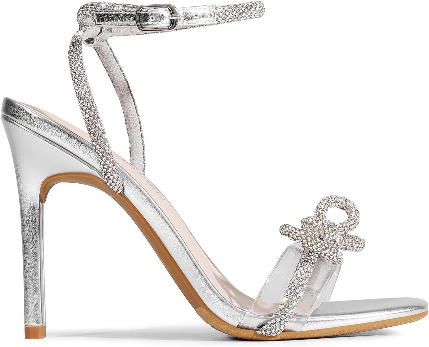 imageDREAM PAIRS Womens Double Bowknots Crystal Sandals Clear Slingback Heels Square Toe Shoes for Party WeddingSilver