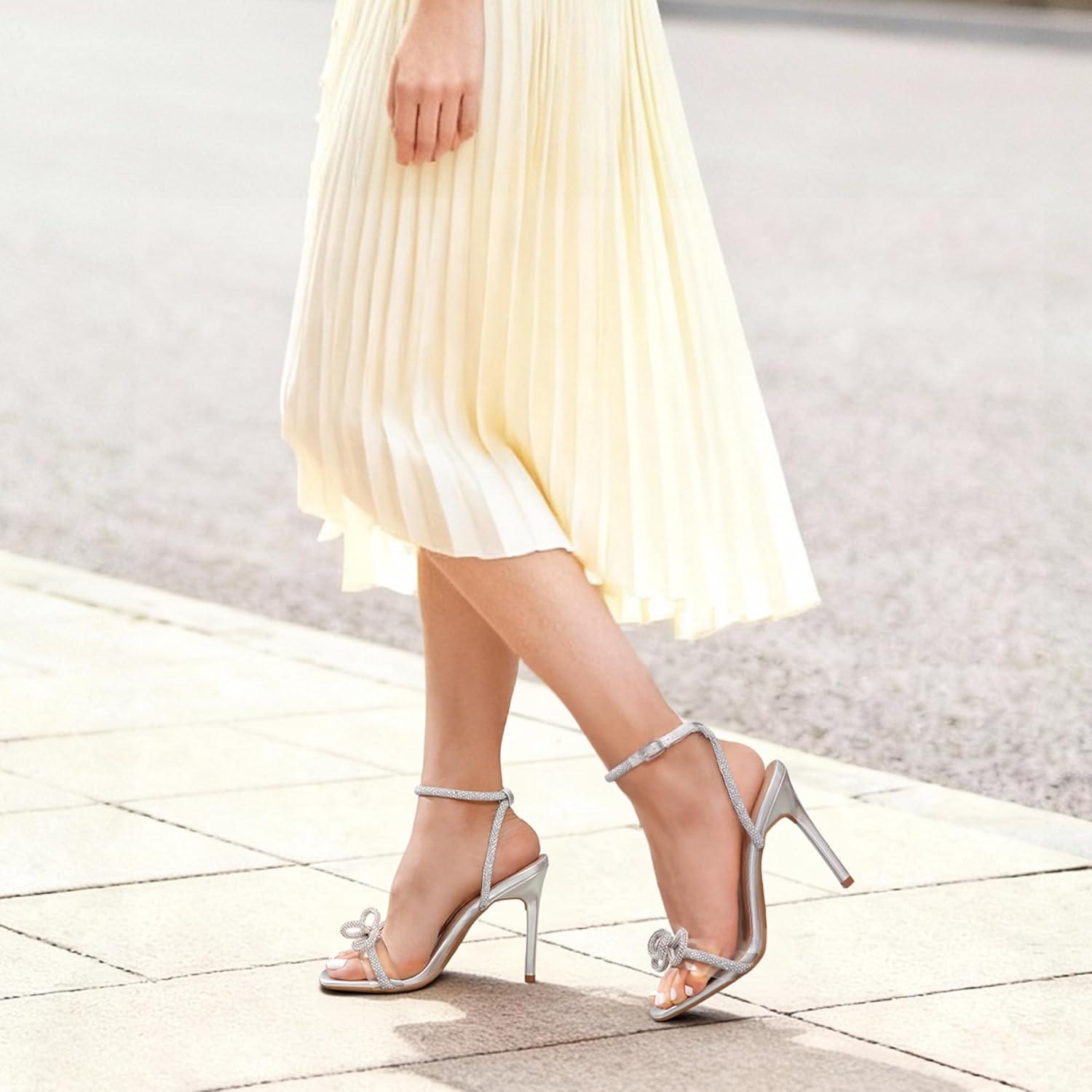 imageDREAM PAIRS Womens Double Bowknots Crystal Sandals Clear Slingback Heels Square Toe Shoes for Party WeddingSilver