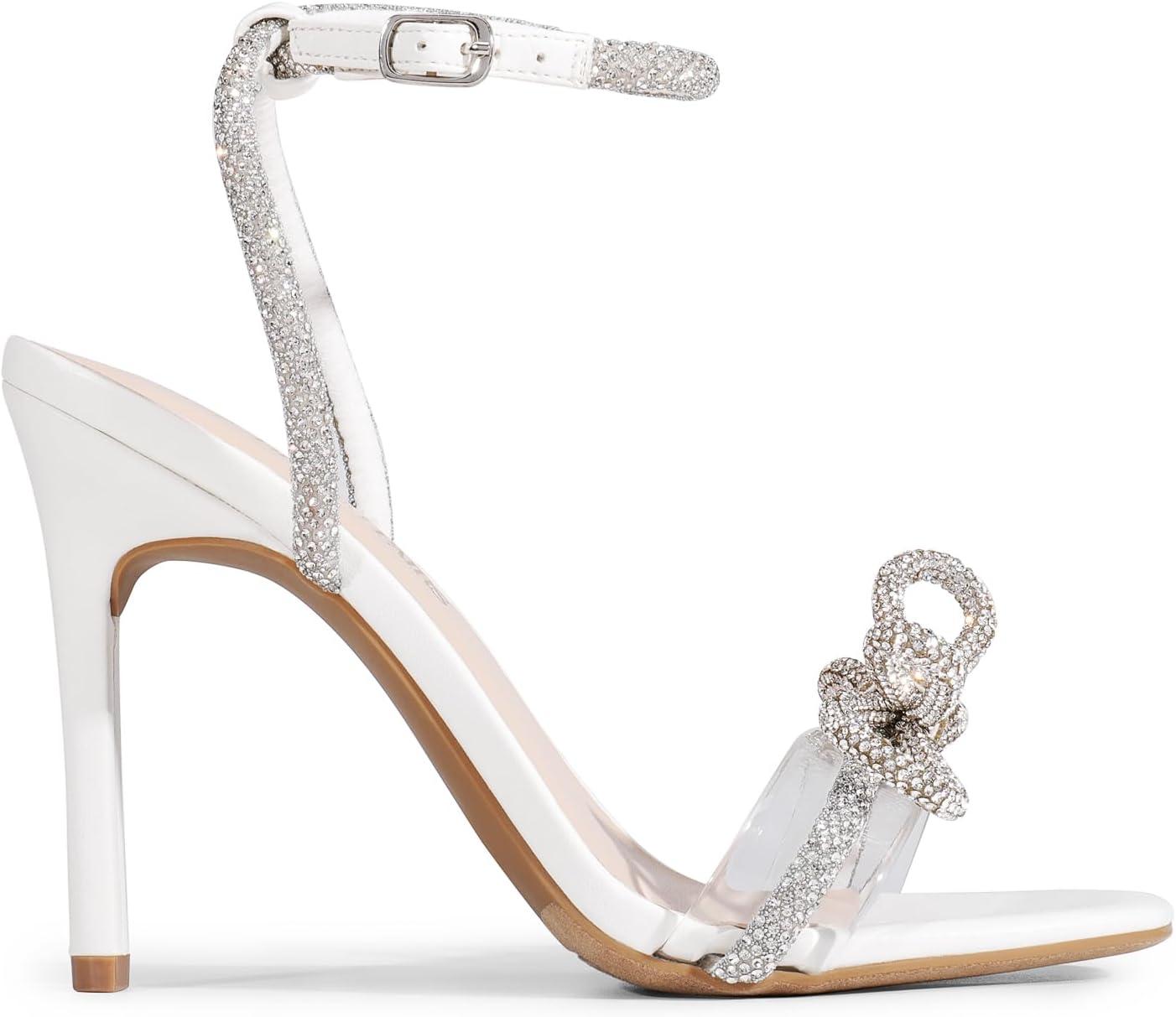 imageDREAM PAIRS Womens Double Bowknots Crystal Sandals Clear Slingback Heels Square Toe Shoes for Party WeddingWhite