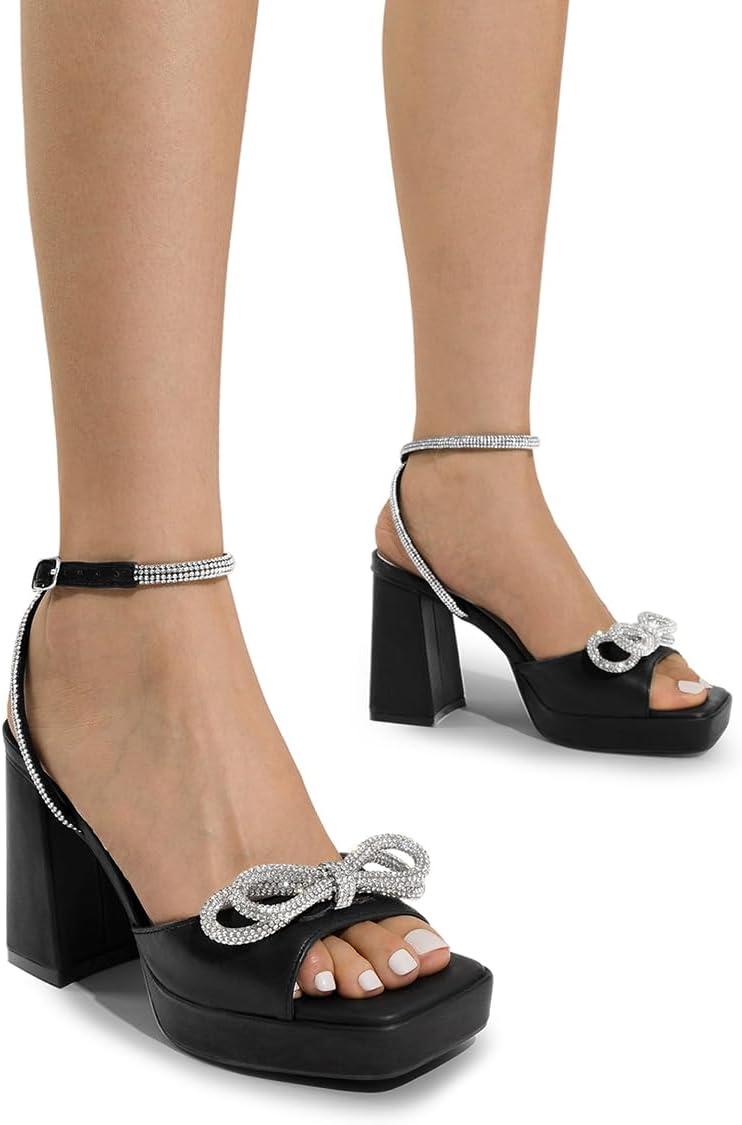imageDREAM PAIRS Womens Double Bowknots Platform Chunky Heels Rhinestone High Square Toe Dress Sandals for Wedding Bridal PartyBlackpu