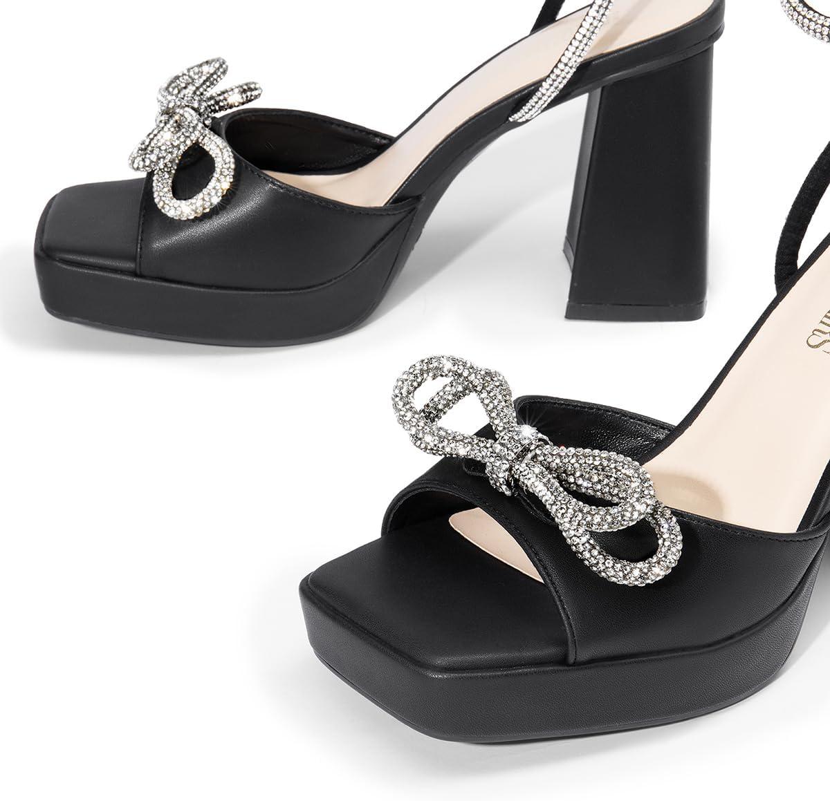 imageDREAM PAIRS Womens Double Bowknots Platform Chunky Heels Rhinestone High Square Toe Dress Sandals for Wedding Bridal PartyBlackpu