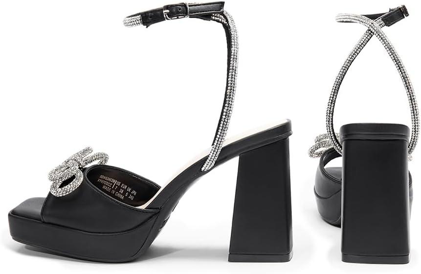 imageDREAM PAIRS Womens Double Bowknots Platform Chunky Heels Rhinestone High Square Toe Dress Sandals for Wedding Bridal PartyBlackpu