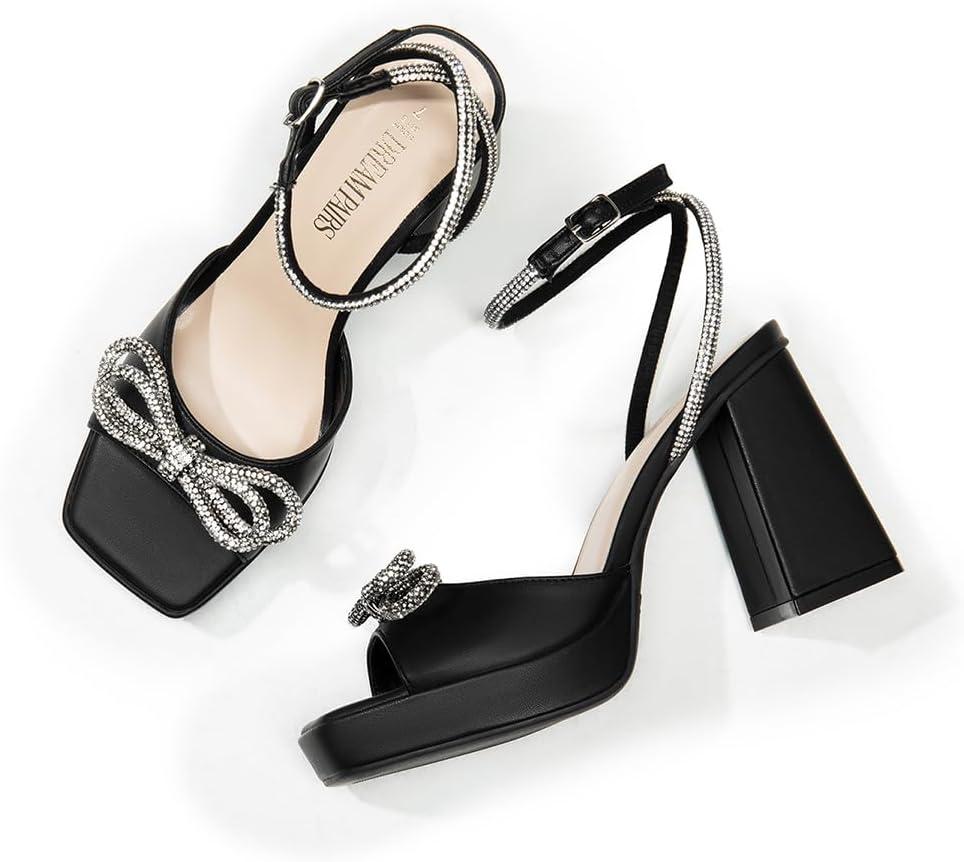 imageDREAM PAIRS Womens Double Bowknots Platform Chunky Heels Rhinestone High Square Toe Dress Sandals for Wedding Bridal PartyBlackpu
