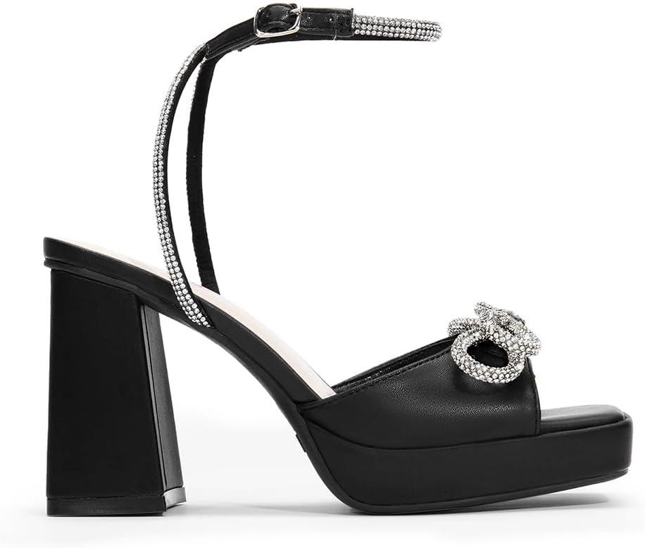 imageDREAM PAIRS Womens Double Bowknots Platform Chunky Heels Rhinestone High Square Toe Dress Sandals for Wedding Bridal PartyBlackpu