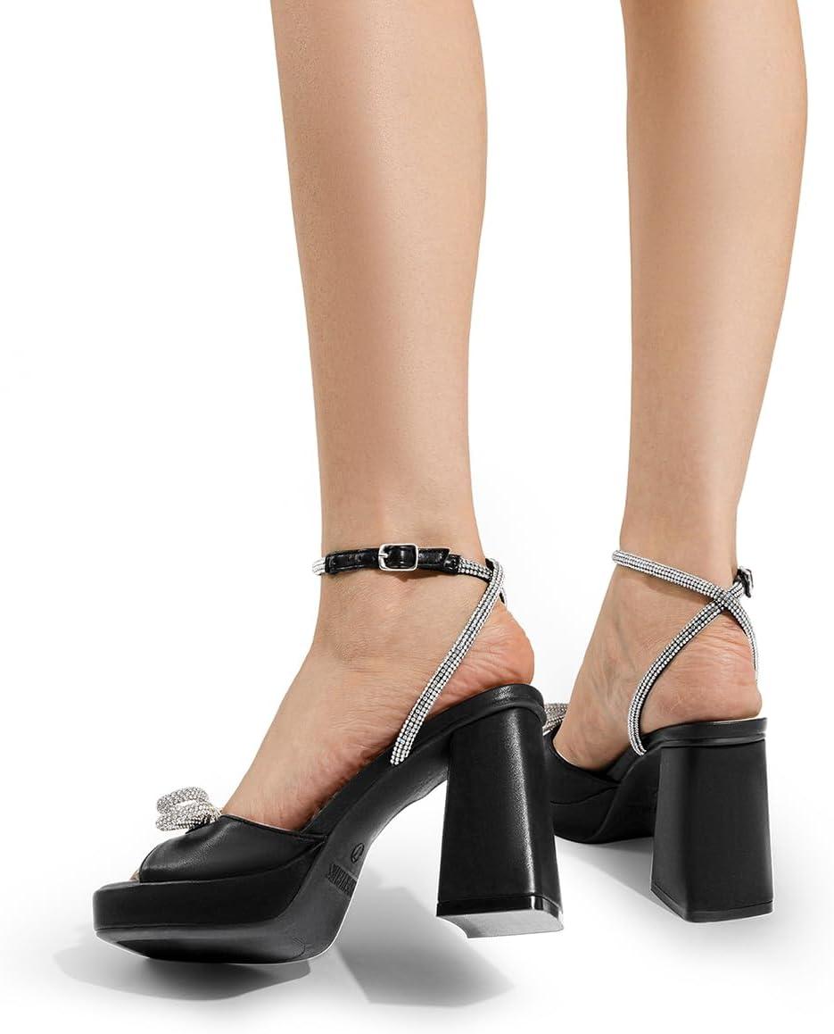 imageDREAM PAIRS Womens Double Bowknots Platform Chunky Heels Rhinestone High Square Toe Dress Sandals for Wedding Bridal PartyBlackpu