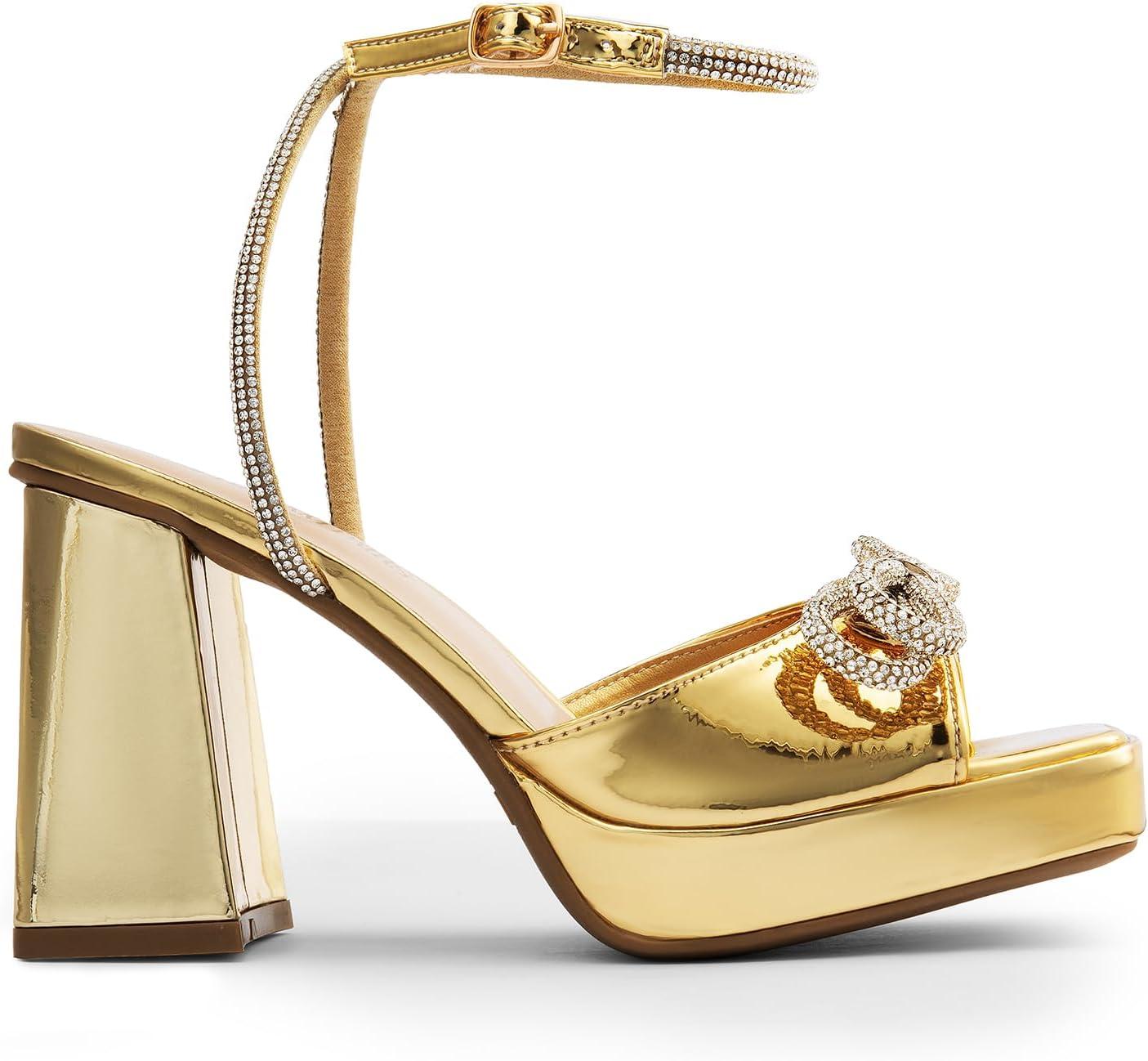 imageDREAM PAIRS Womens Double Bowknots Platform Chunky Heels Rhinestone High Square Toe Dress Sandals for Wedding Bridal PartyGoldpat