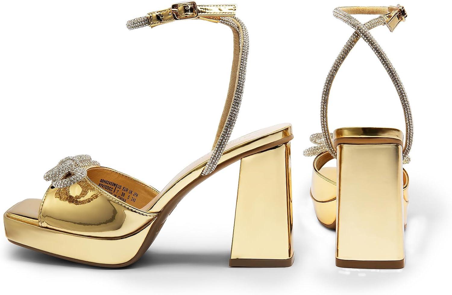 imageDREAM PAIRS Womens Double Bowknots Platform Chunky Heels Rhinestone High Square Toe Dress Sandals for Wedding Bridal PartyGoldpat