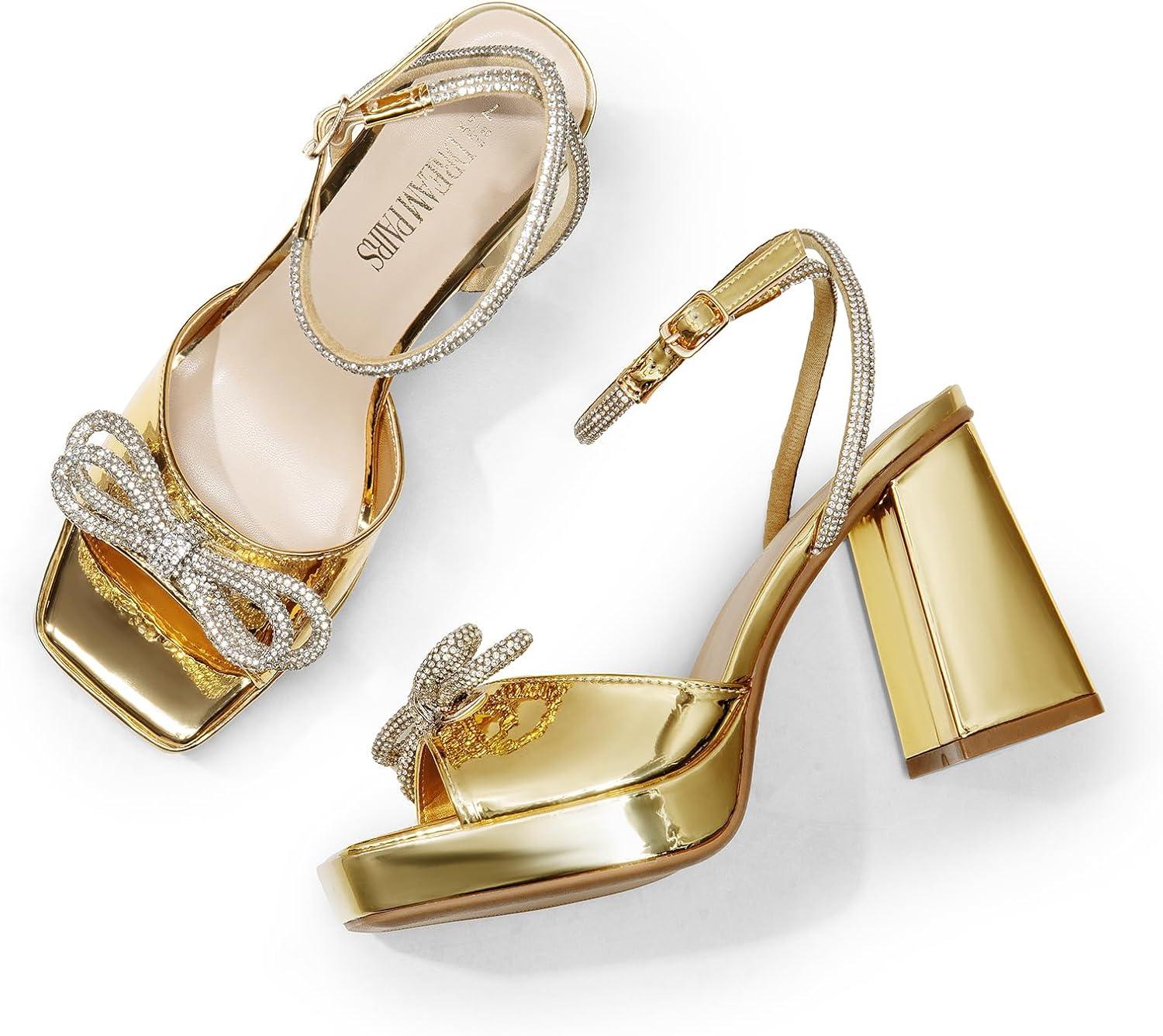 imageDREAM PAIRS Womens Double Bowknots Platform Chunky Heels Rhinestone High Square Toe Dress Sandals for Wedding Bridal PartyGoldpat