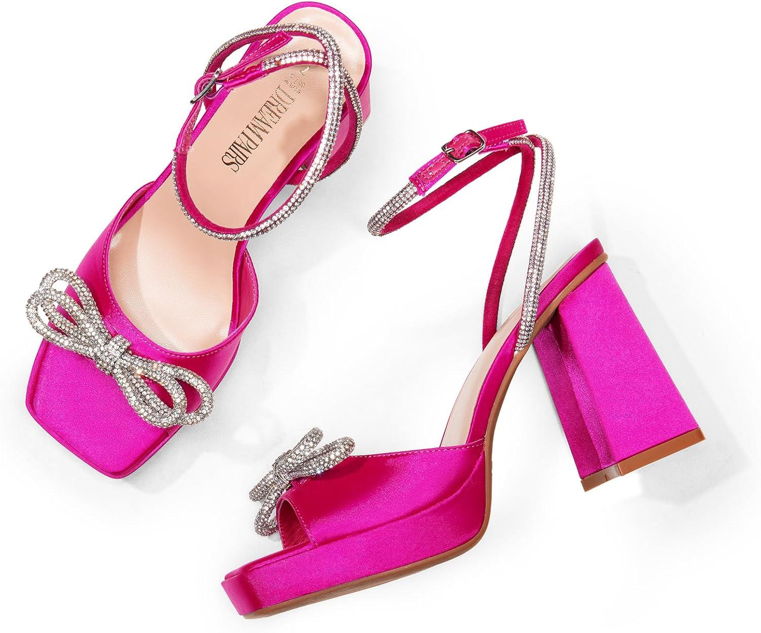 imageDREAM PAIRS Womens Double Bowknots Platform Chunky Heels Rhinestone High Square Toe Dress Sandals for Wedding Bridal PartyHot Pinksatin