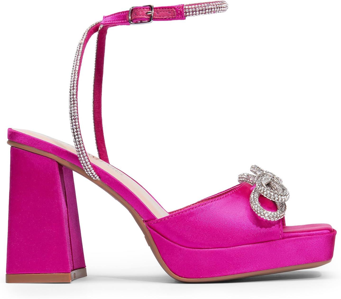 imageDREAM PAIRS Womens Double Bowknots Platform Chunky Heels Rhinestone High Square Toe Dress Sandals for Wedding Bridal PartyHot Pinksatin