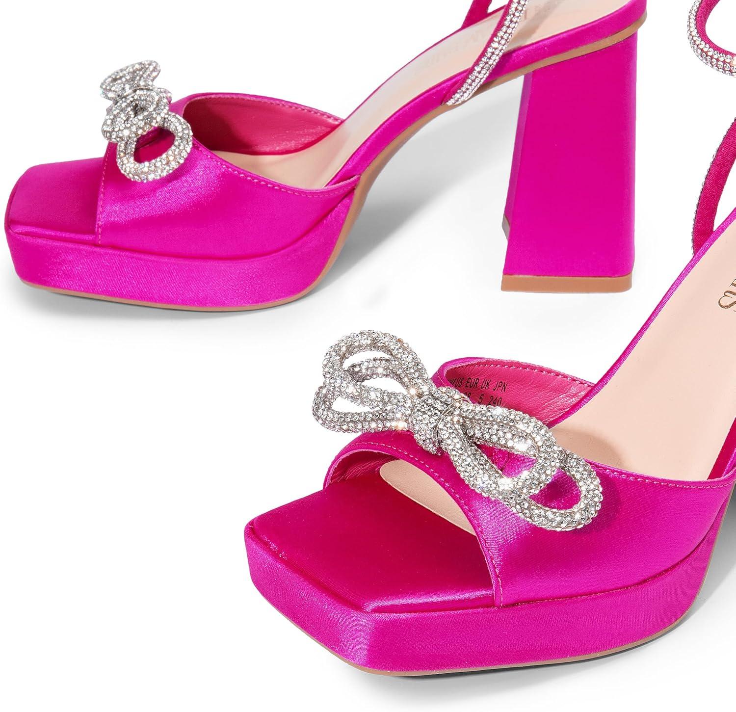 imageDREAM PAIRS Womens Double Bowknots Platform Chunky Heels Rhinestone High Square Toe Dress Sandals for Wedding Bridal PartyHot Pinksatin