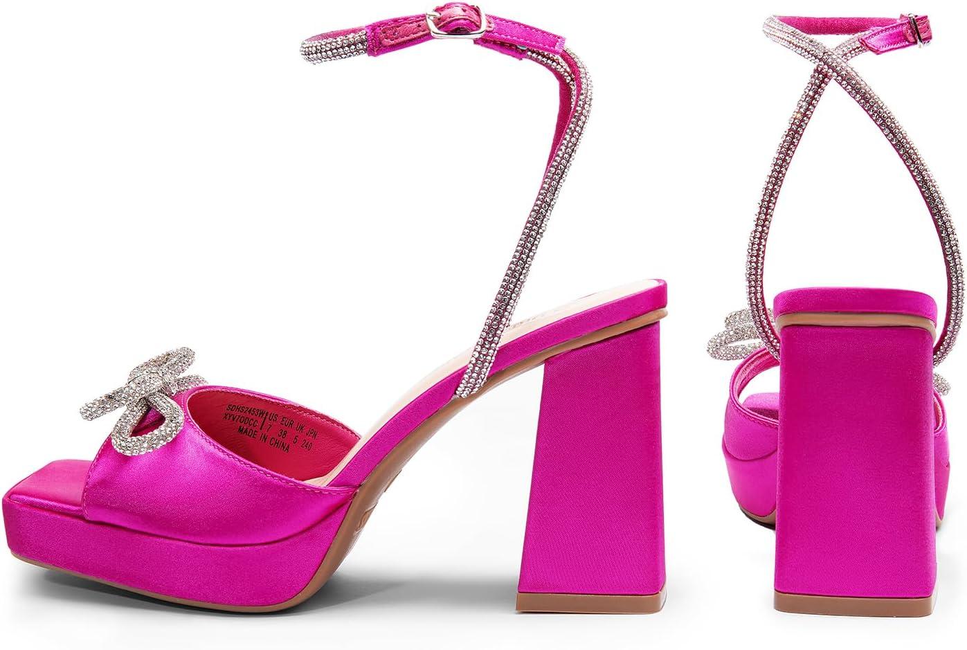 imageDREAM PAIRS Womens Double Bowknots Platform Chunky Heels Rhinestone High Square Toe Dress Sandals for Wedding Bridal PartyHot Pinksatin