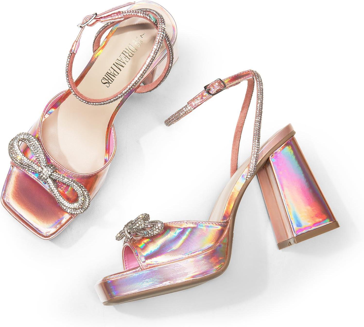 imageDREAM PAIRS Womens Double Bowknots Platform Chunky Heels Rhinestone High Square Toe Dress Sandals for Wedding Bridal PartyPinkpu