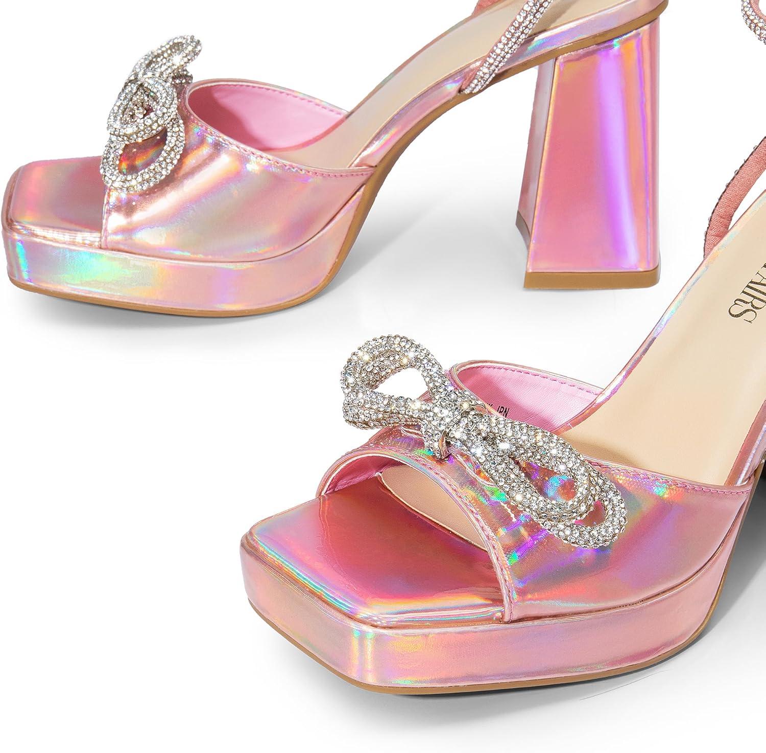 imageDREAM PAIRS Womens Double Bowknots Platform Chunky Heels Rhinestone High Square Toe Dress Sandals for Wedding Bridal PartyPinkpu