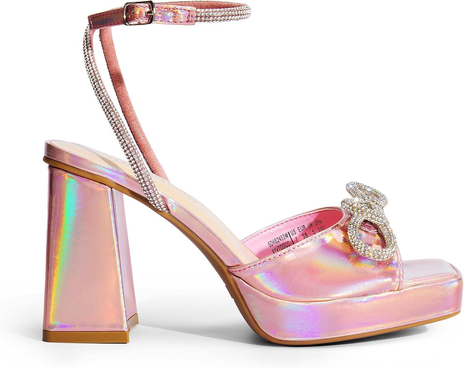 imageDREAM PAIRS Womens Double Bowknots Platform Chunky Heels Rhinestone High Square Toe Dress Sandals for Wedding Bridal PartyPinkpu