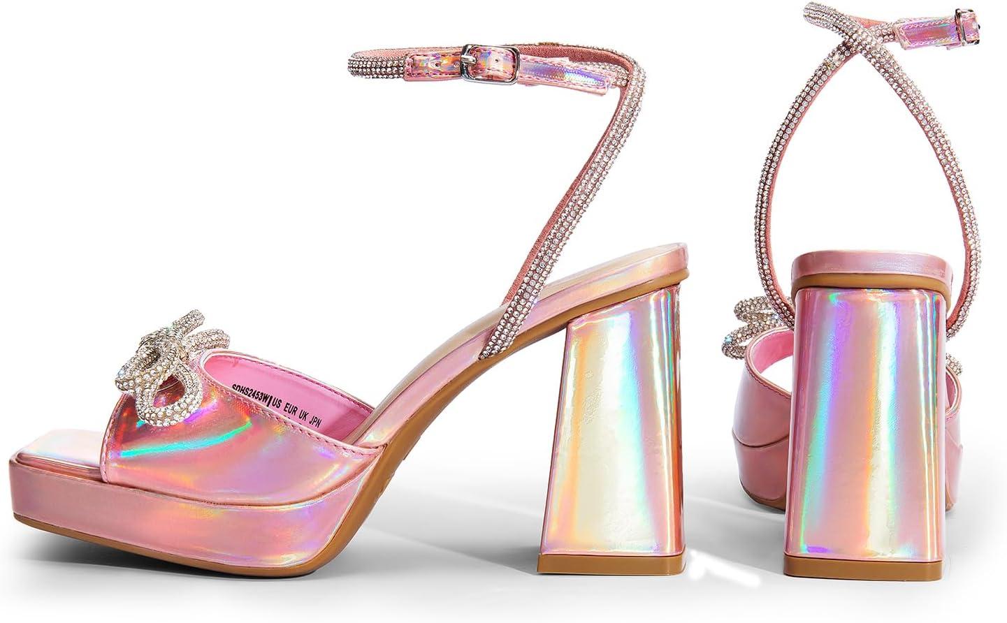 imageDREAM PAIRS Womens Double Bowknots Platform Chunky Heels Rhinestone High Square Toe Dress Sandals for Wedding Bridal PartyPinkpu