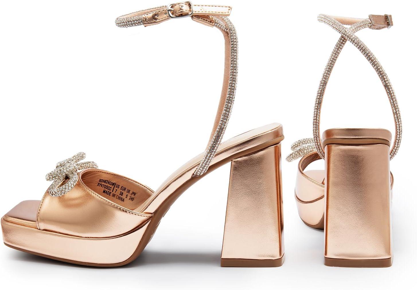 imageDREAM PAIRS Womens Double Bowknots Platform Chunky Heels Rhinestone High Square Toe Dress Sandals for Wedding Bridal PartyRose Goldpu