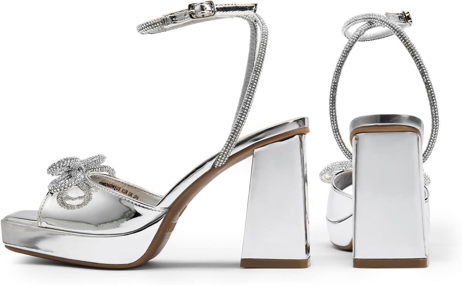 imageDREAM PAIRS Womens Double Bowknots Platform Chunky Heels Rhinestone High Square Toe Dress Sandals for Wedding Bridal PartySilverpat