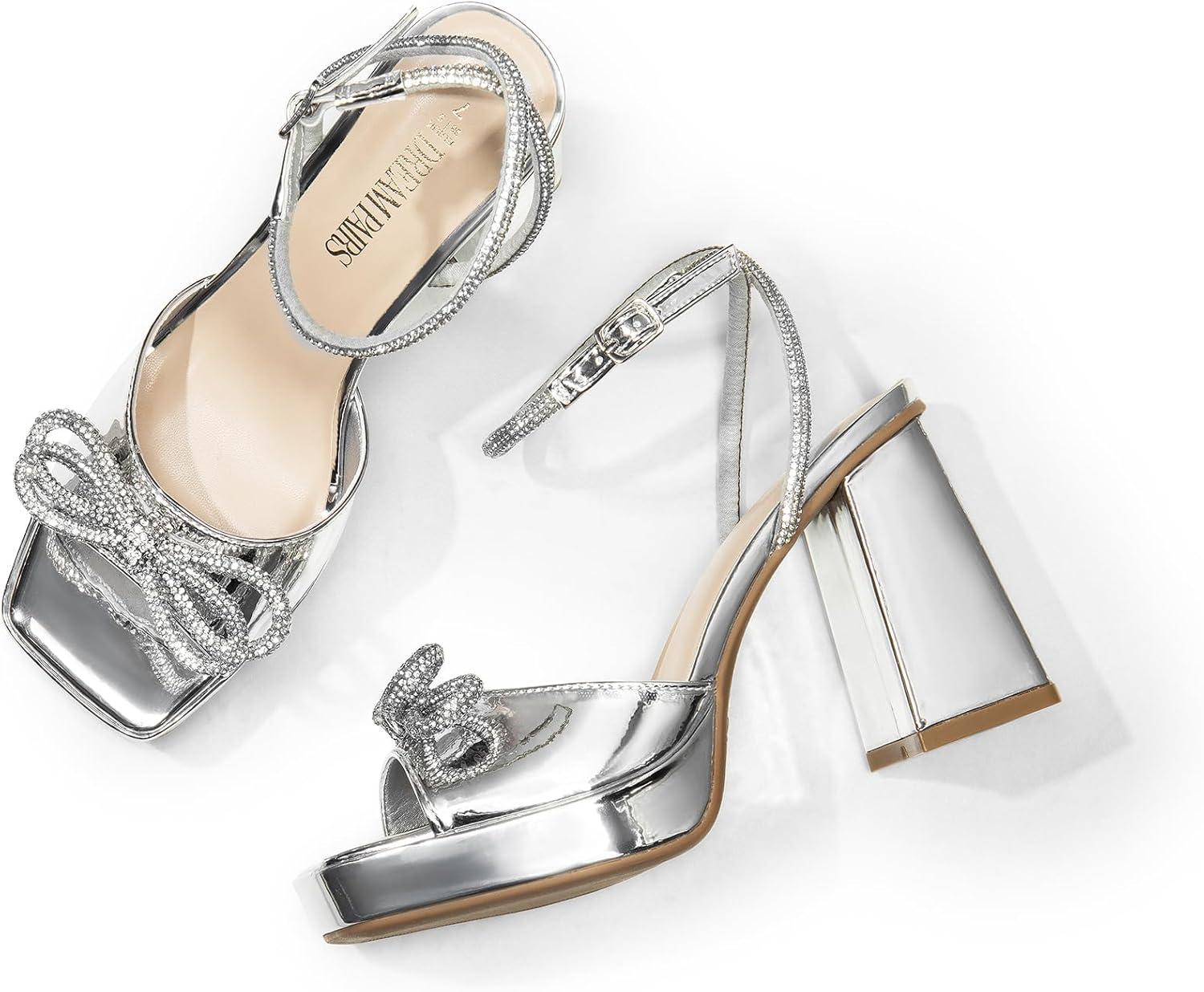 imageDREAM PAIRS Womens Double Bowknots Platform Chunky Heels Rhinestone High Square Toe Dress Sandals for Wedding Bridal PartySilverpat