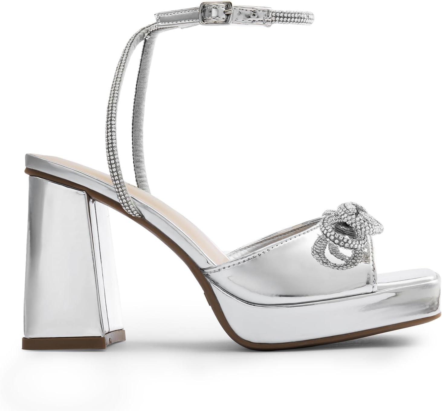 imageDREAM PAIRS Womens Double Bowknots Platform Chunky Heels Rhinestone High Square Toe Dress Sandals for Wedding Bridal PartySilverpat