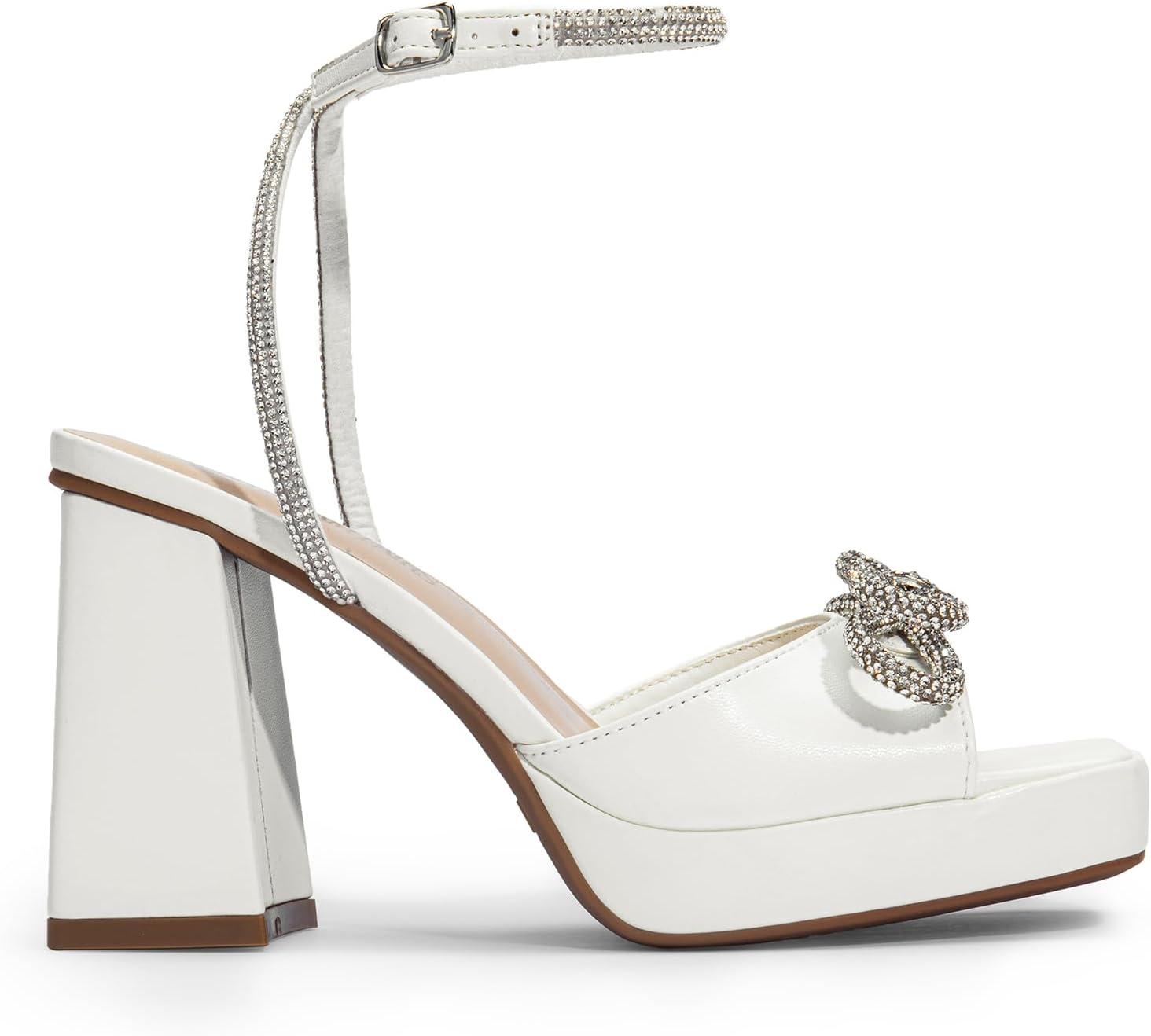 imageDREAM PAIRS Womens Double Bowknots Platform Chunky Heels Rhinestone High Square Toe Dress Sandals for Wedding Bridal PartyWhitepu