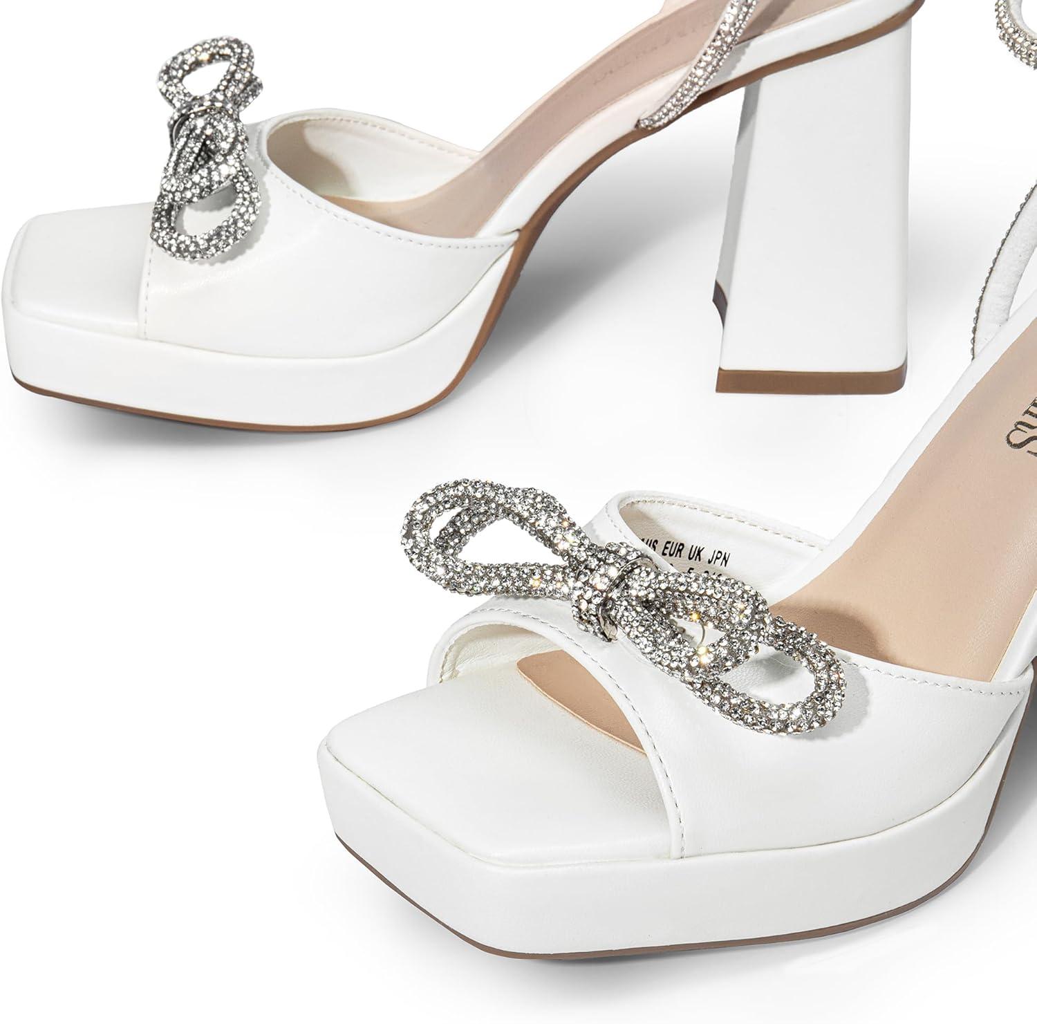 imageDREAM PAIRS Womens Double Bowknots Platform Chunky Heels Rhinestone High Square Toe Dress Sandals for Wedding Bridal PartyWhitepu