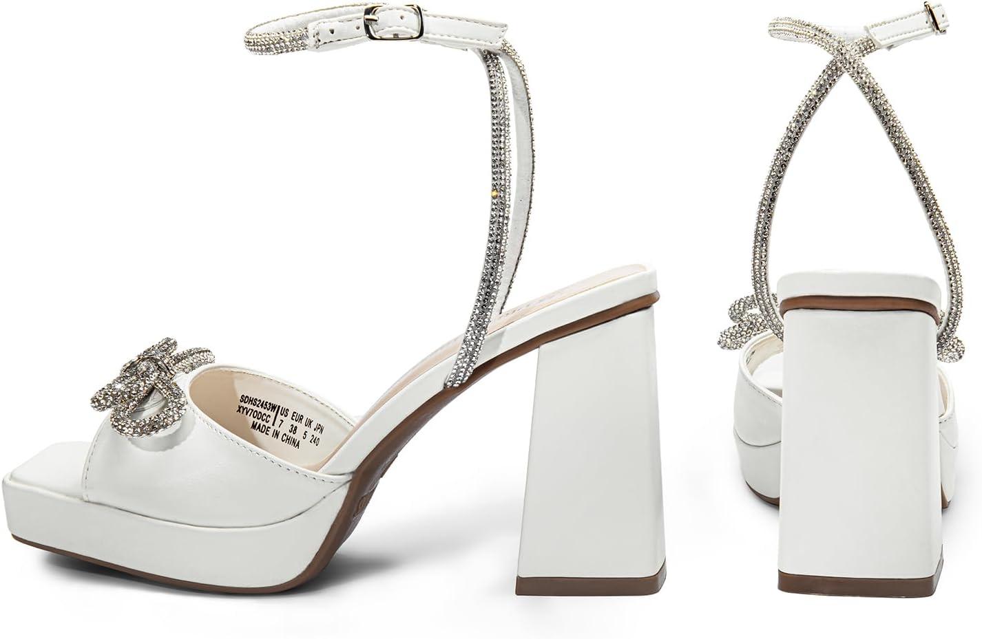 imageDREAM PAIRS Womens Double Bowknots Platform Chunky Heels Rhinestone High Square Toe Dress Sandals for Wedding Bridal PartyWhitepu