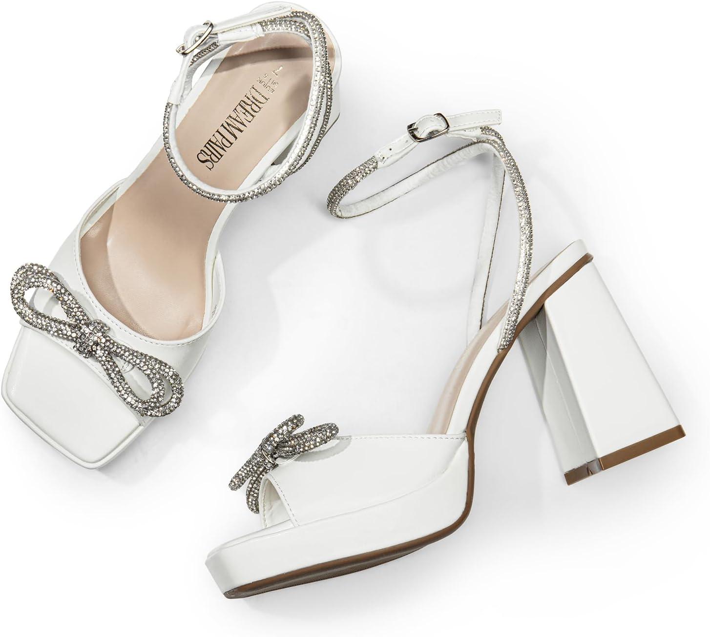 imageDREAM PAIRS Womens Double Bowknots Platform Chunky Heels Rhinestone High Square Toe Dress Sandals for Wedding Bridal PartyWhitepu