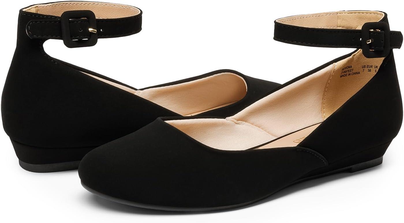 imageDREAM PAIRS Womens Dress Flats Ballet Low Wedge Round Toe Ankle Strap Comfortable Casual Flats ShoesBlack Nubuck