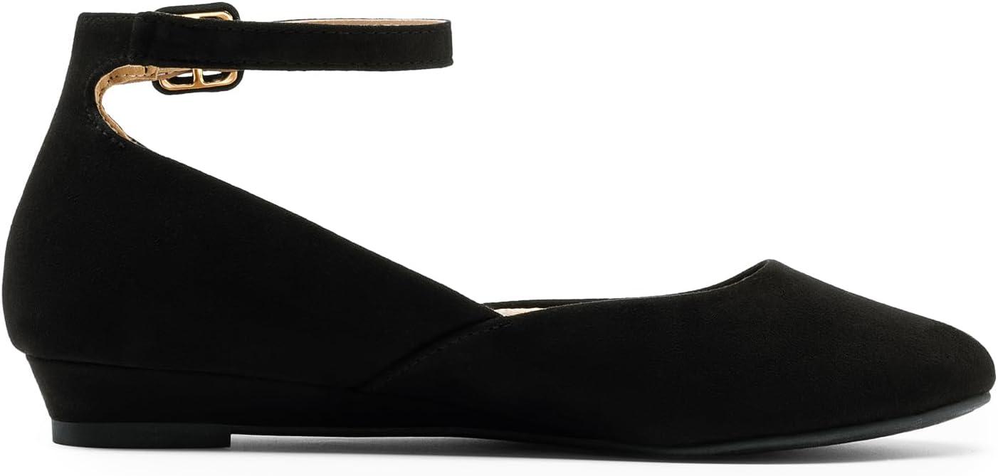 imageDREAM PAIRS Womens Dress Flats Ballet Low Wedge Round Toe Ankle Strap Comfortable Casual Flats ShoesBlack Suede