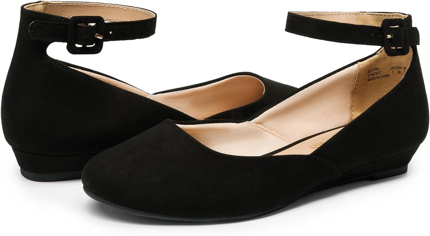 imageDREAM PAIRS Womens Dress Flats Ballet Low Wedge Round Toe Ankle Strap Comfortable Casual Flats ShoesBlack Suede