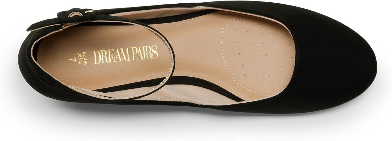 imageDREAM PAIRS Womens Dress Flats Ballet Low Wedge Round Toe Ankle Strap Comfortable Casual Flats ShoesBlack Suede