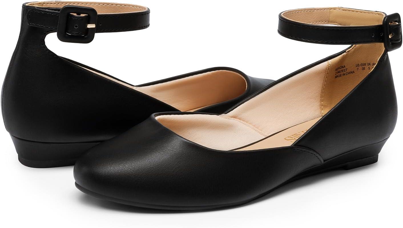 imageDREAM PAIRS Womens Dress Flats Ballet Low Wedge Round Toe Ankle Strap Comfortable Casual Flats ShoesBlackPu1