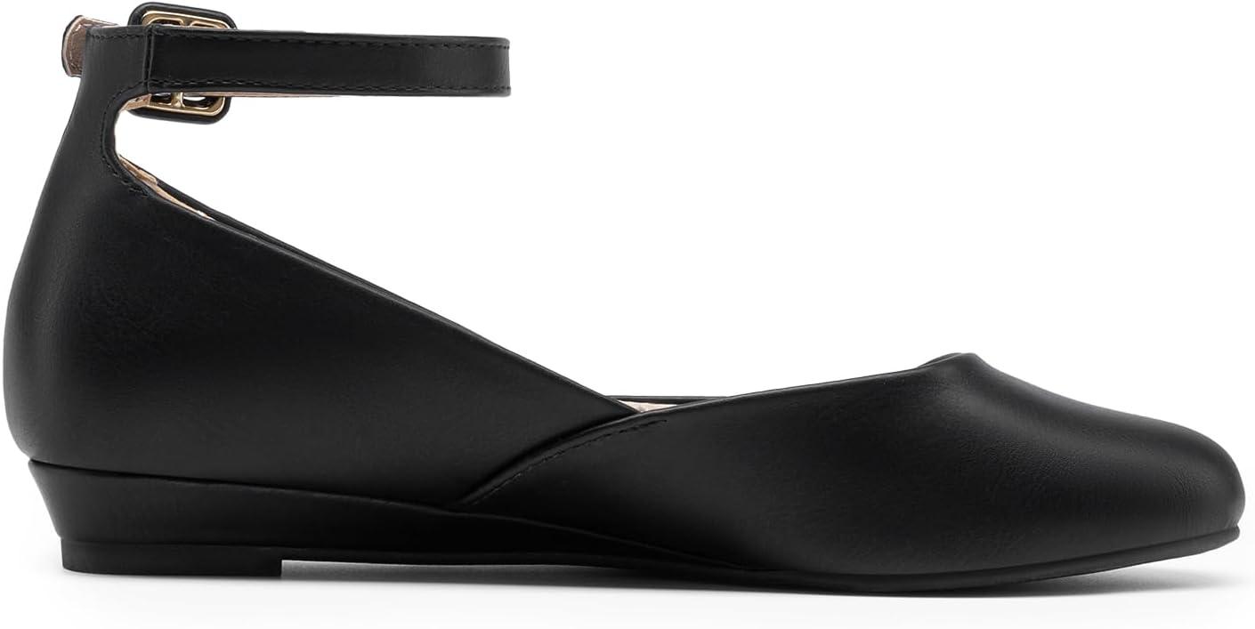 imageDREAM PAIRS Womens Dress Flats Ballet Low Wedge Round Toe Ankle Strap Comfortable Casual Flats ShoesBlackPu1