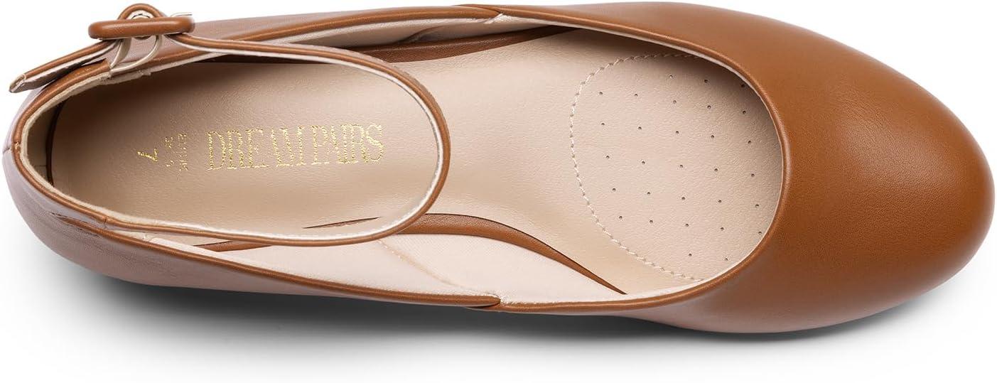imageDREAM PAIRS Womens Dress Flats Ballet Low Wedge Round Toe Ankle Strap Comfortable Casual Flats ShoesBrownpu