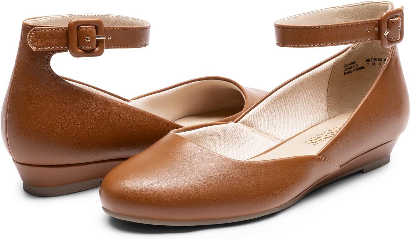 imageDREAM PAIRS Womens Dress Flats Ballet Low Wedge Round Toe Ankle Strap Comfortable Casual Flats ShoesBrownpu
