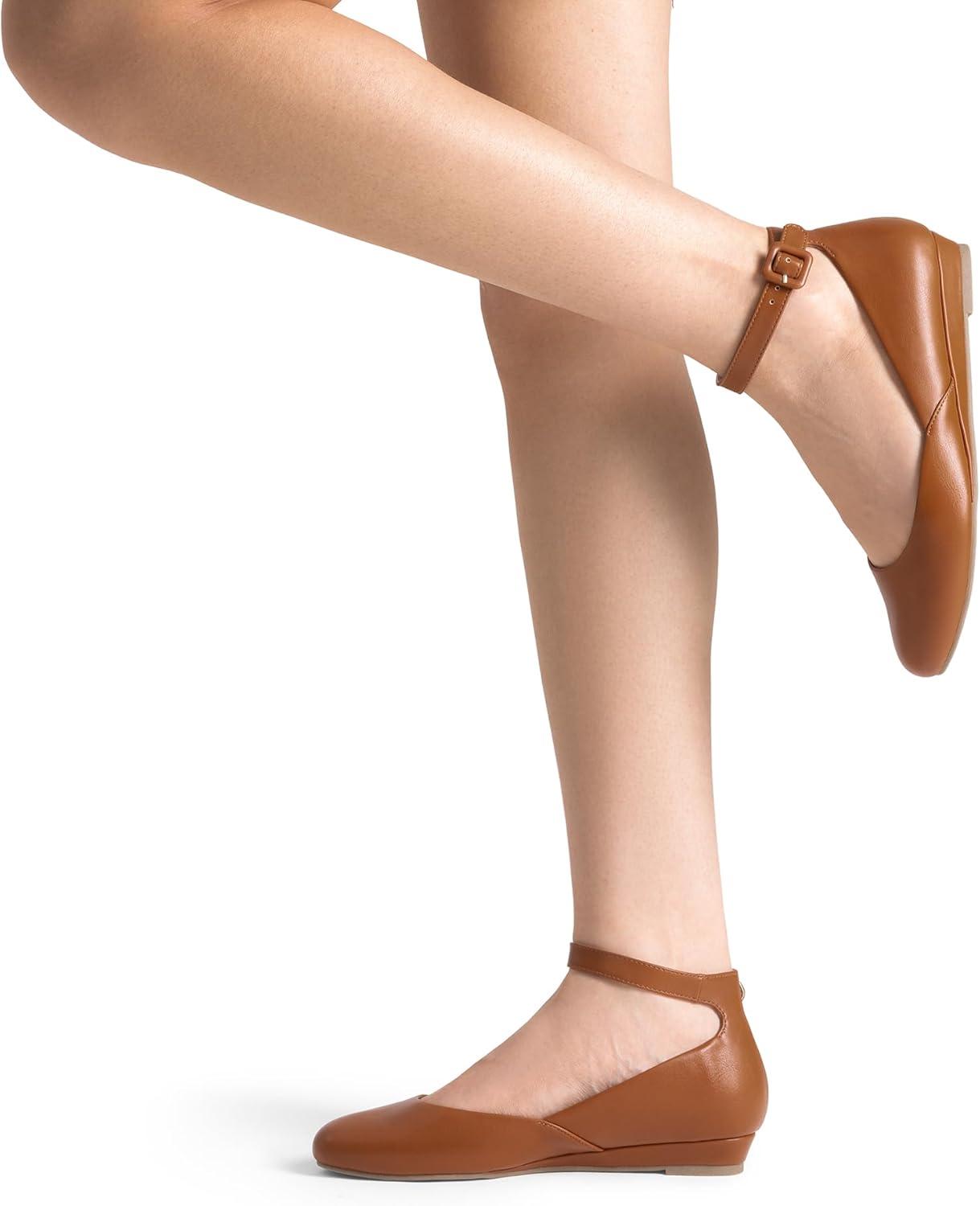 imageDREAM PAIRS Womens Dress Flats Ballet Low Wedge Round Toe Ankle Strap Comfortable Casual Flats ShoesBrownpu