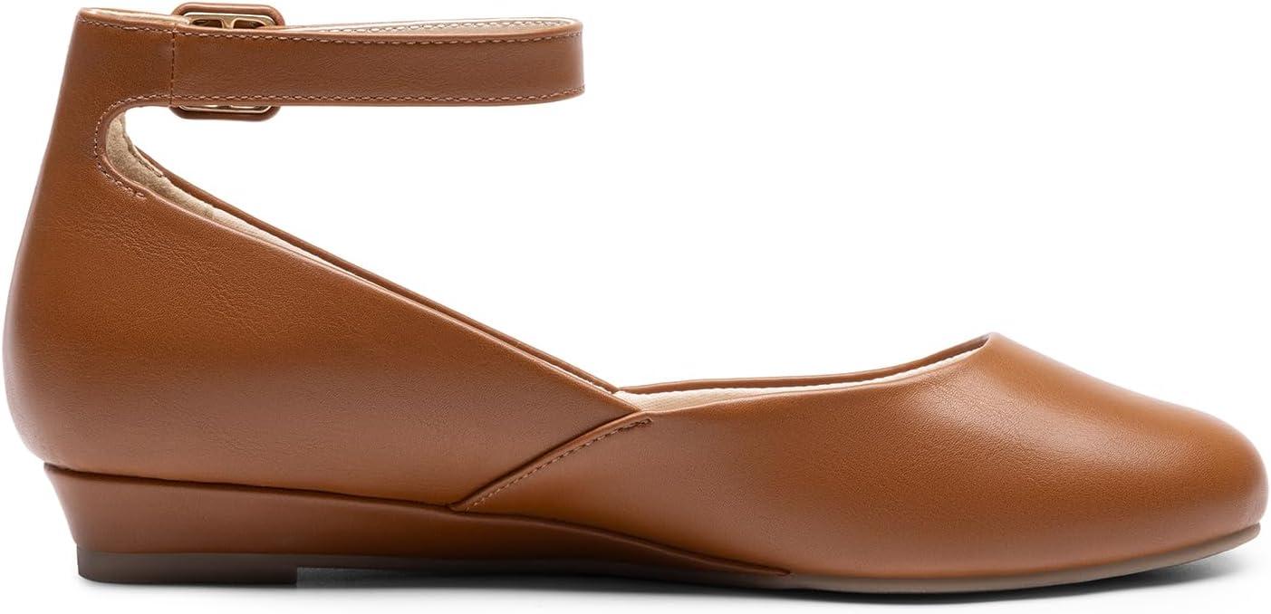 imageDREAM PAIRS Womens Dress Flats Ballet Low Wedge Round Toe Ankle Strap Comfortable Casual Flats ShoesBrownpu