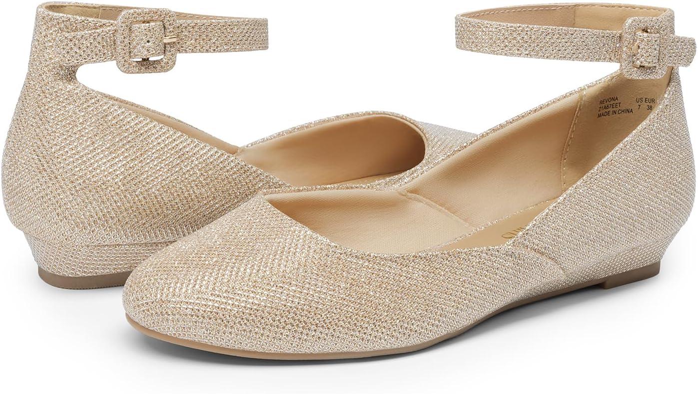 imageDREAM PAIRS Womens Dress Flats Ballet Low Wedge Round Toe Ankle Strap Comfortable Casual Flats ShoesGold Glitter