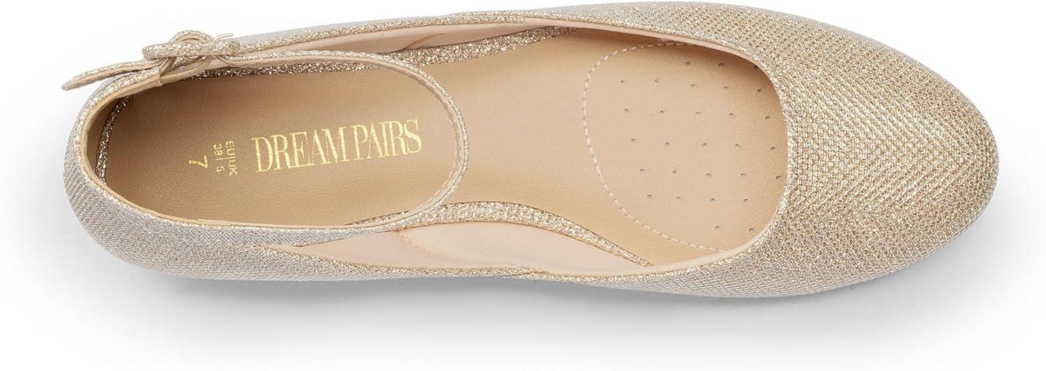 imageDREAM PAIRS Womens Dress Flats Ballet Low Wedge Round Toe Ankle Strap Comfortable Casual Flats ShoesGold Glitter